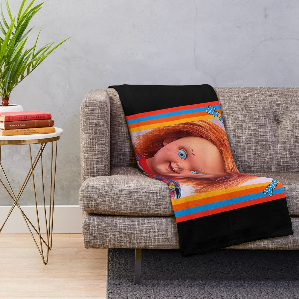 Chucky-inspired good guy plush blanket for horror movie enthusiasts
