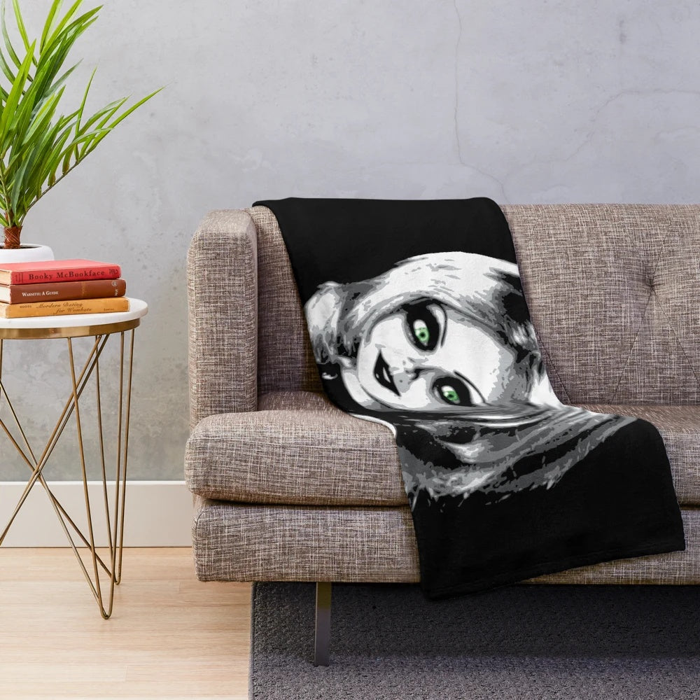 Bride of Chucky-inspired plush blanket with Chucky and Tiffany graphic