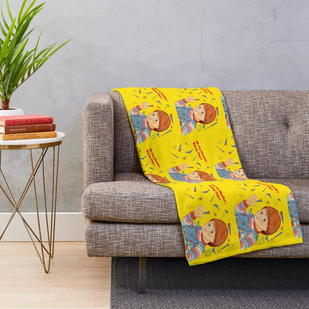 Chucky-inspired plush blanket featuring horror movie graphics