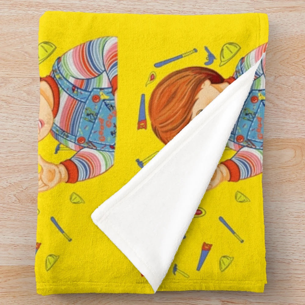Chucky-inspired plush blanket featuring horror movie graphics