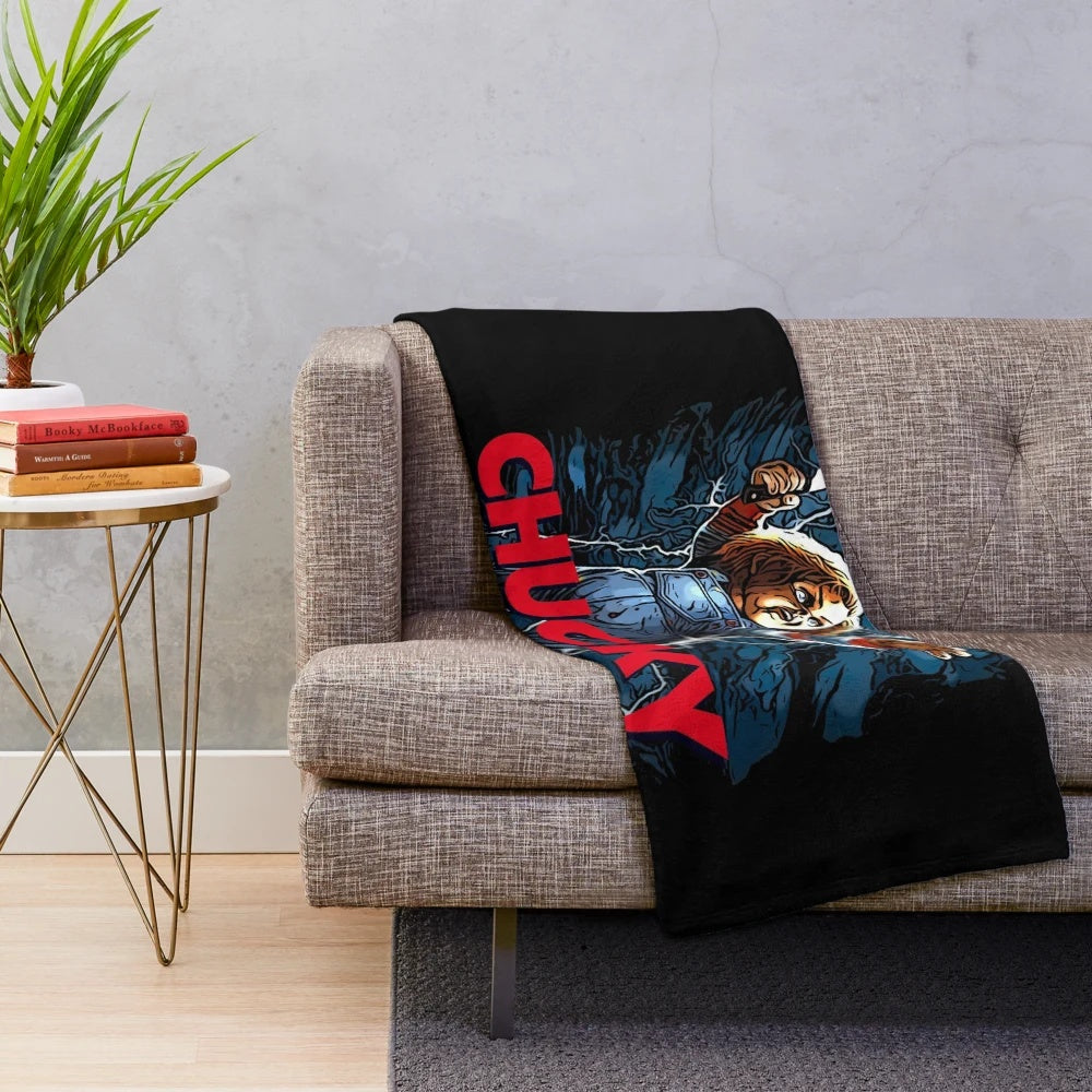 Chucky-themed plush blanket with the iconic Child's Play horror movie doll