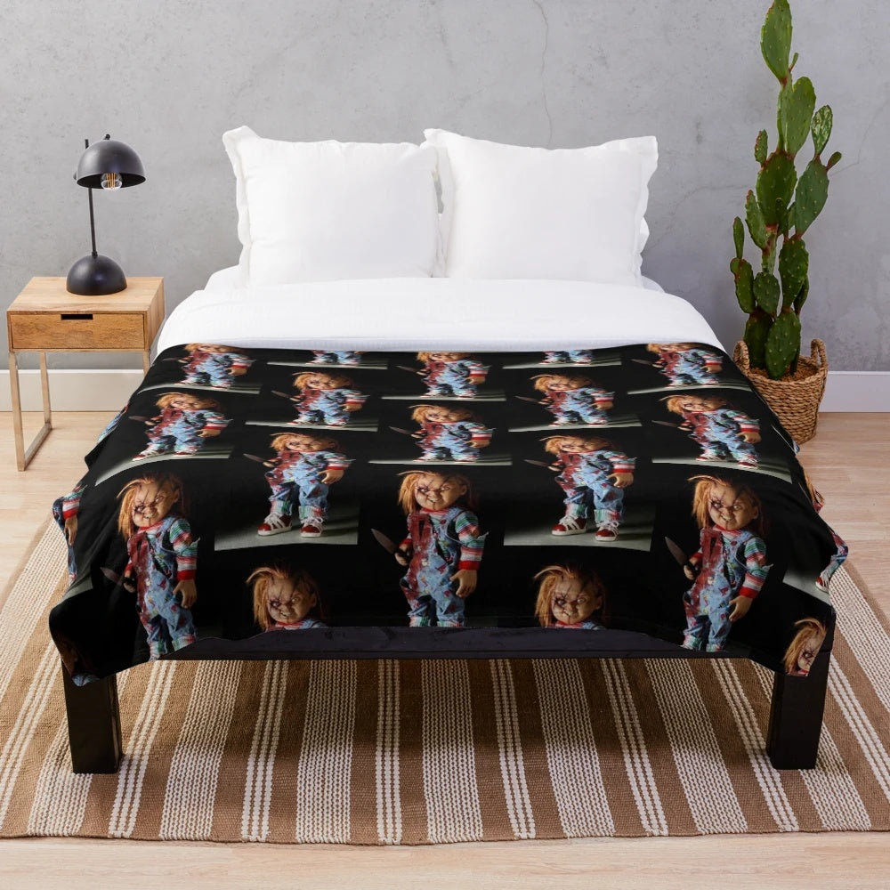 Chucky-inspired plush blanket featuring the iconic horror movie character