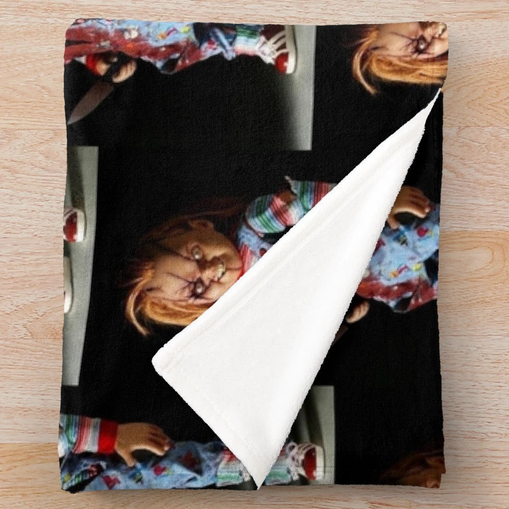 Chucky-inspired plush blanket featuring the iconic horror movie character