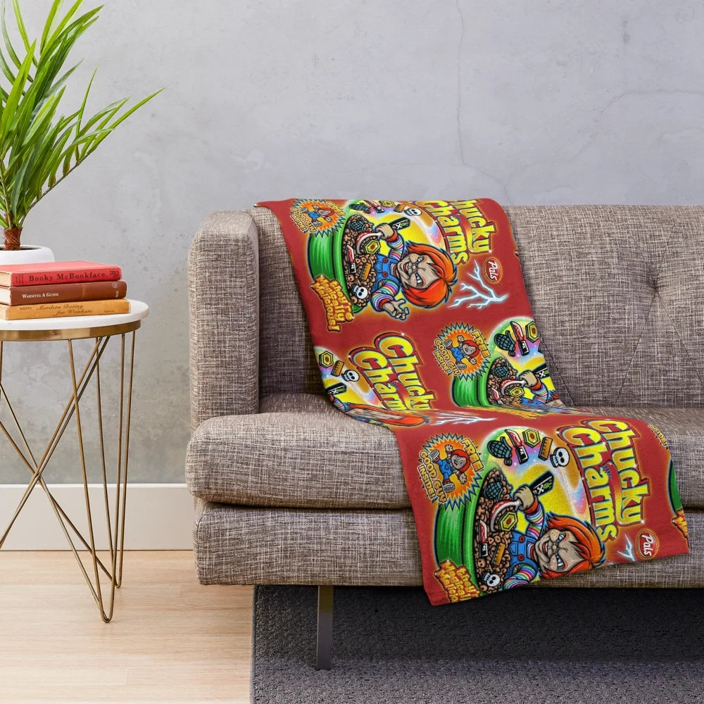 Chucky plush blanket with horror movie and 80s cereal box design