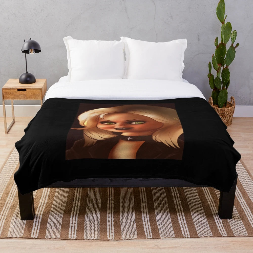 Chucky-themed plush blanket featuring the iconic horror doll