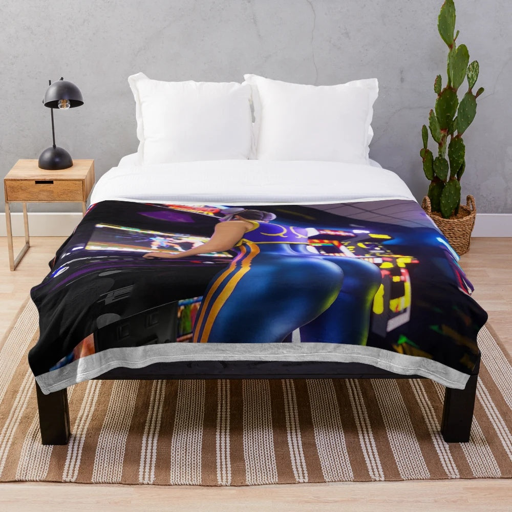 Chun Li inspired plush blanket with street fighter character design