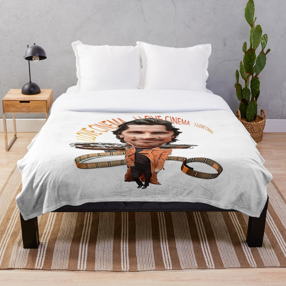 Plush blanket featuring a caricature of actor Christian Bale in a movie-inspired design