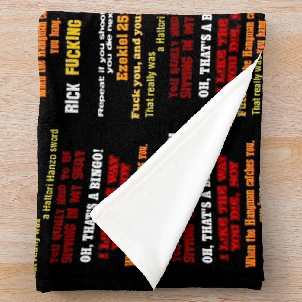 Cinematic plush blanket featuring iconic film quotes and imagery