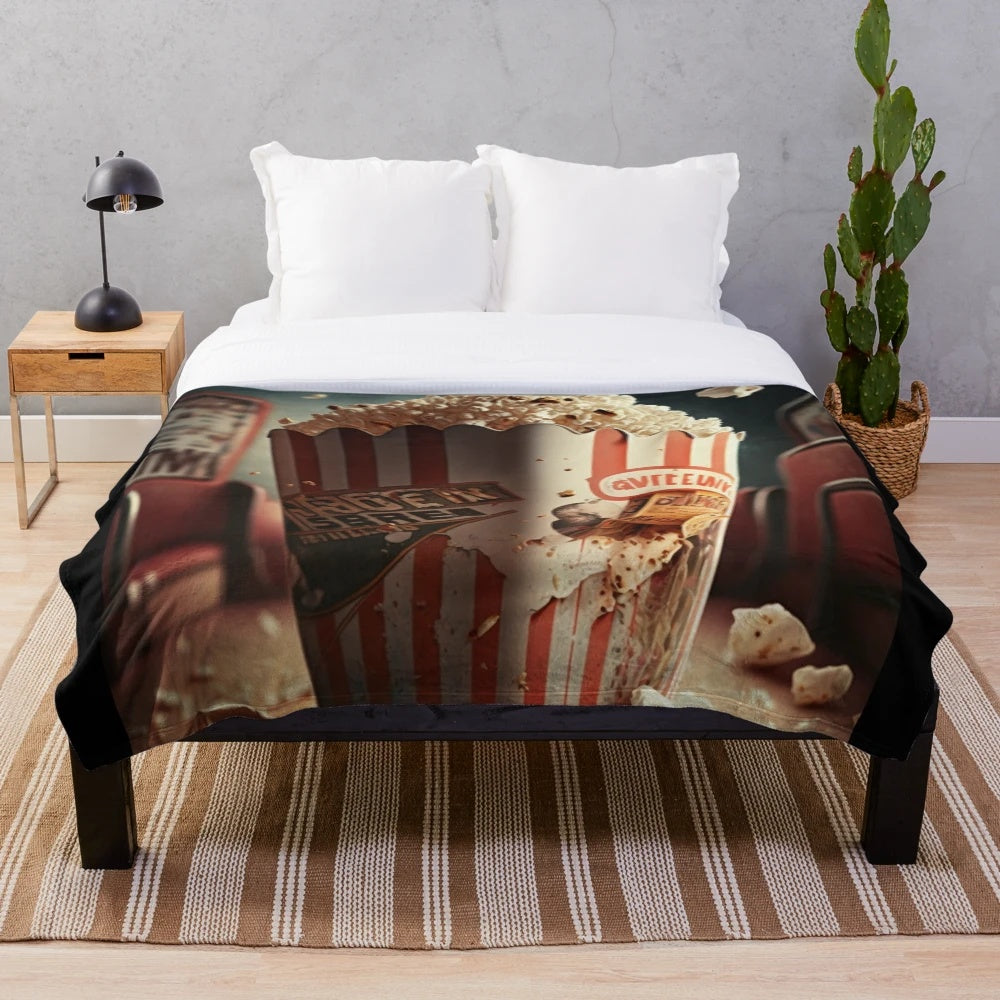 Cinematic popcorn plush blanket with a movie-inspired design
