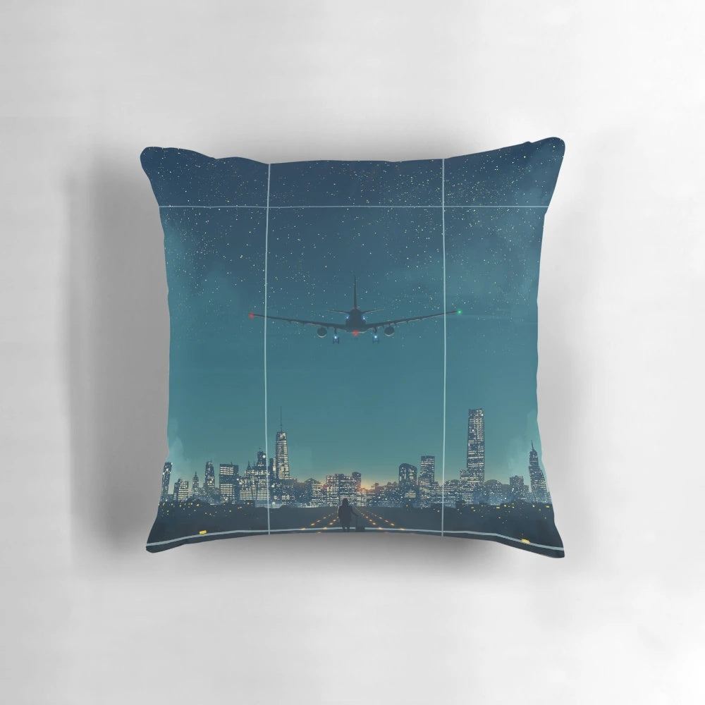 City night-themed decorative pillow with moon, stars, and airplane in the sky