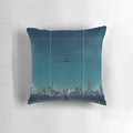 City night-themed decorative pillow with moon, stars, and airplane in the sky