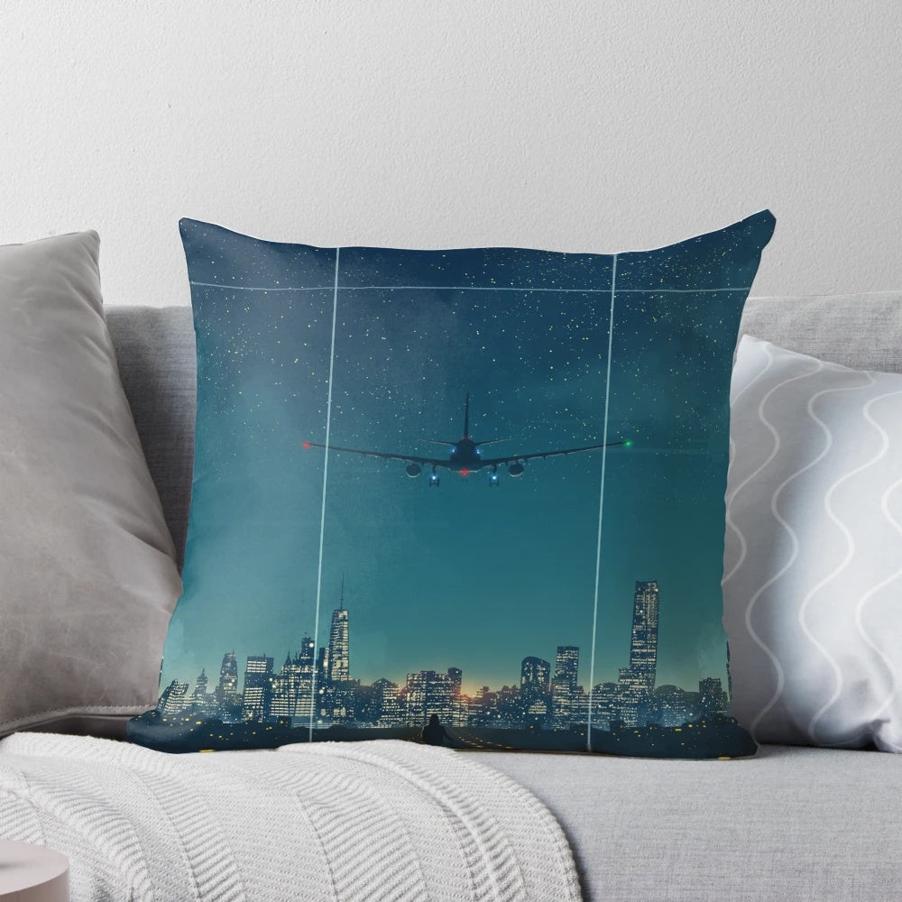 City night-themed decorative pillow with moon, stars, and airplane in the sky