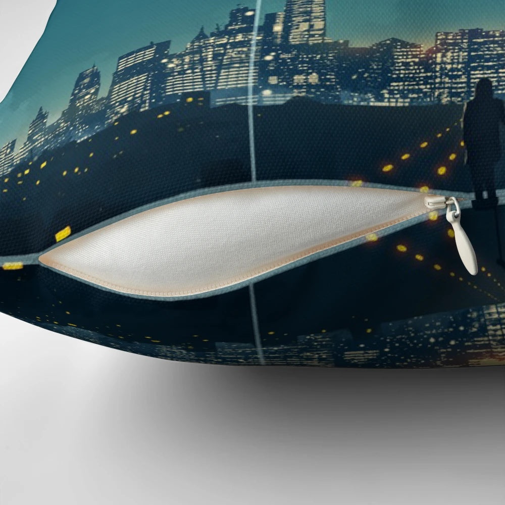 City night-themed decorative pillow with moon, stars, and airplane in the sky