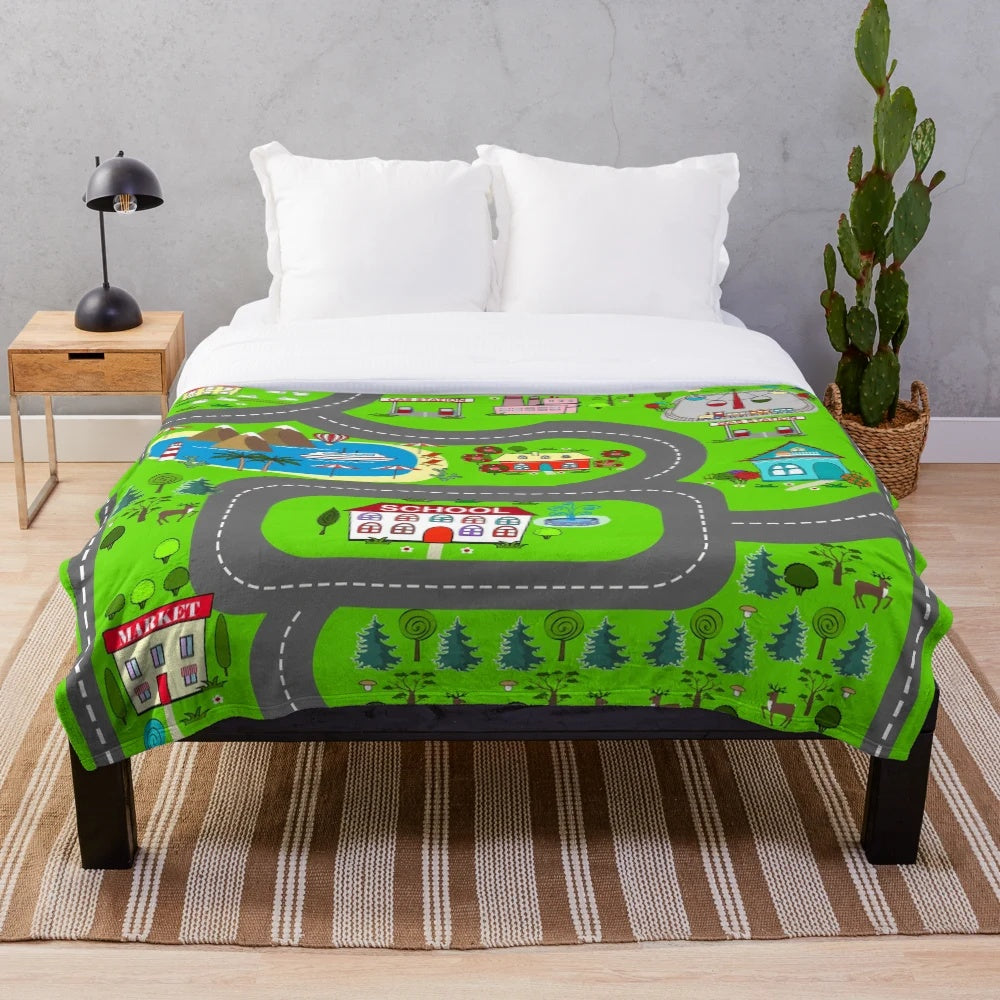 Kids plush blanket with city landscape and street cars