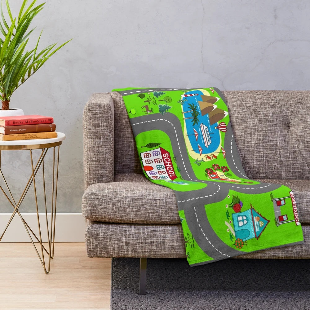 Kids plush blanket with city landscape and street cars