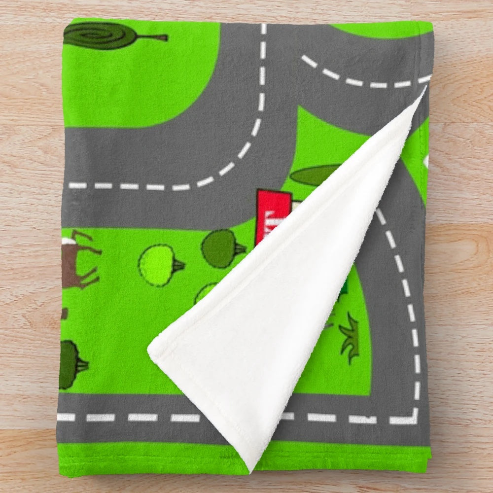 Kids plush blanket with city landscape and street cars
