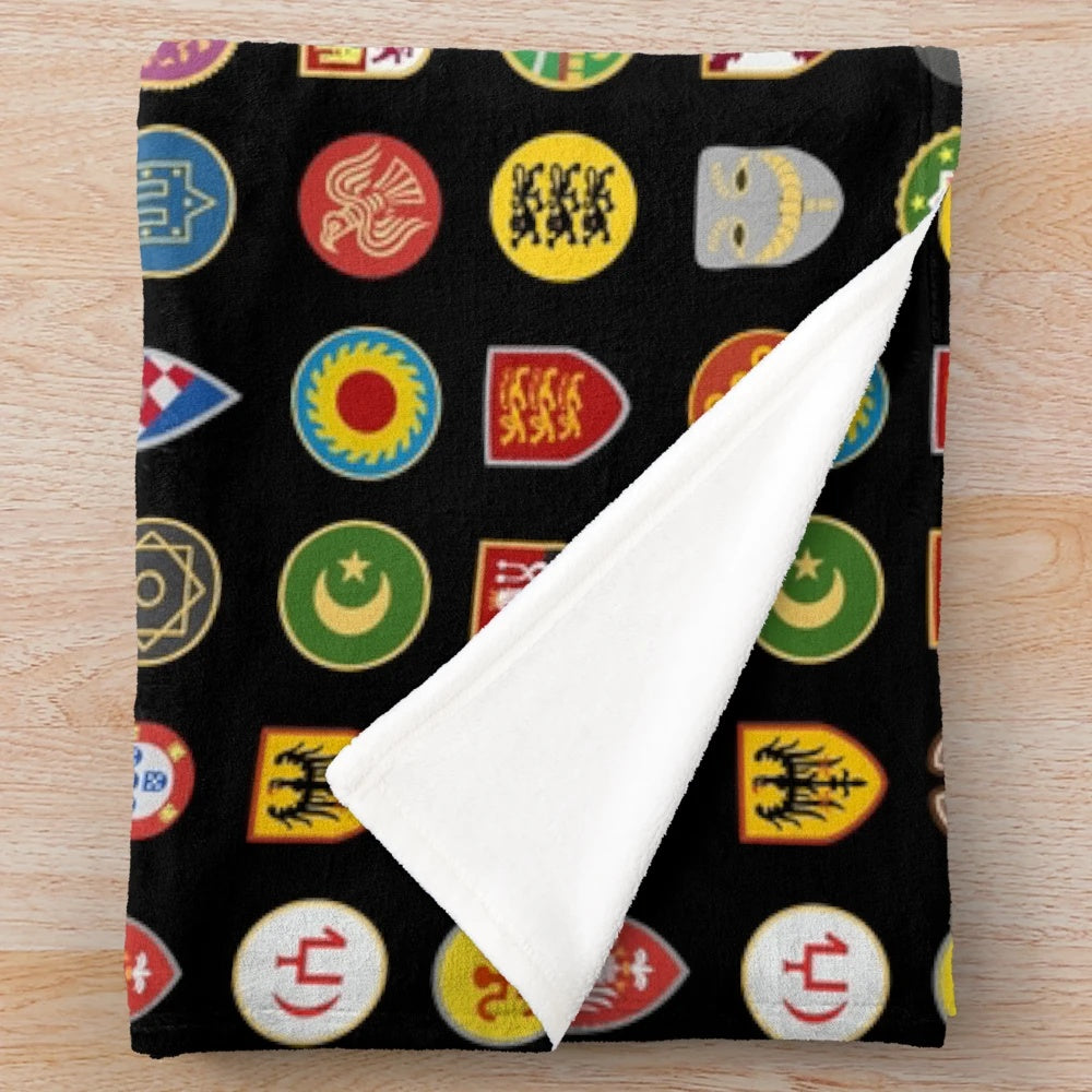 Civilization emblems plush blanket featuring iconic designs from age of empires strategy games