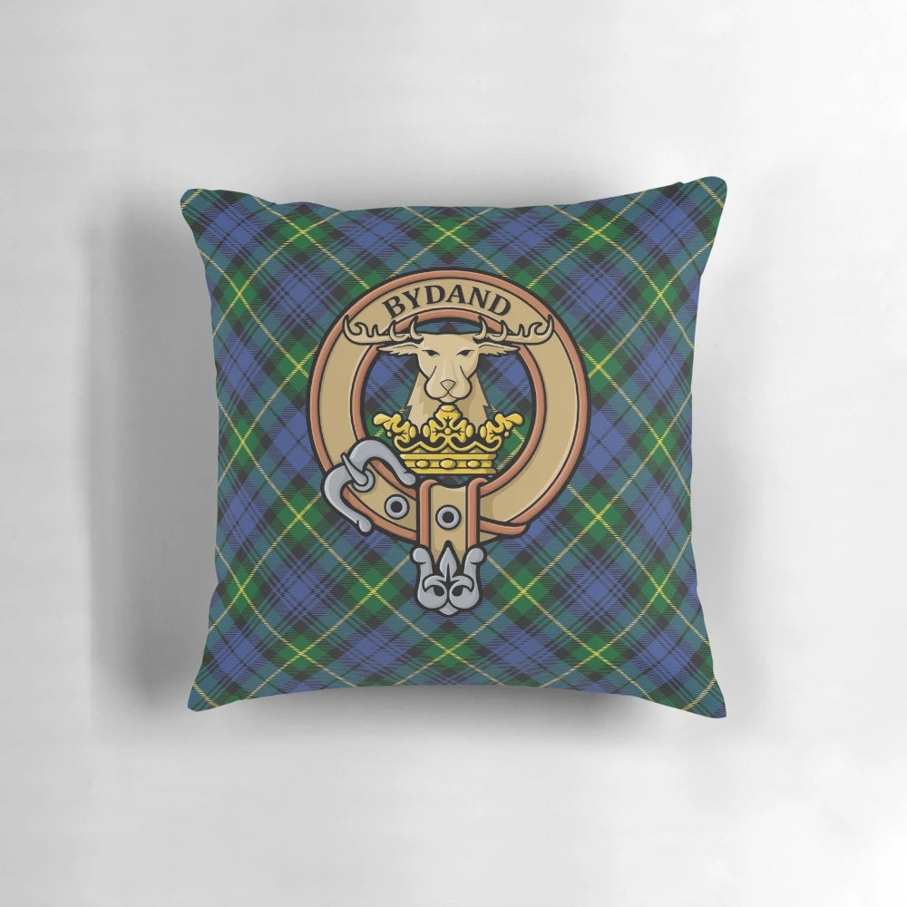 Clan Gordon tartan pillow featuring the clan crest and stag's head symbol