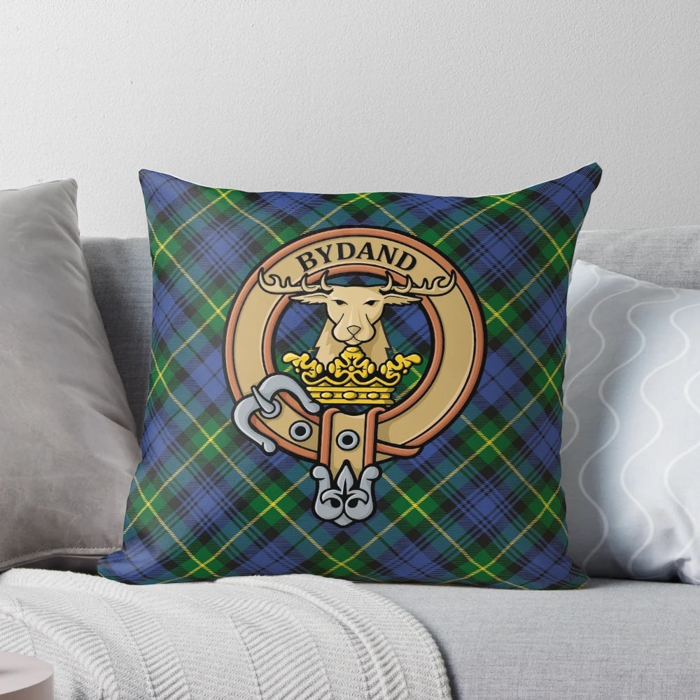Clan Gordon tartan pillow featuring the clan crest and stag's head symbol