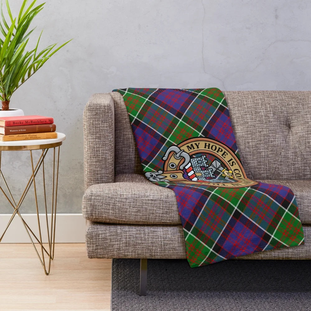 Clan MacDonald of Clanranald crest and tartan design on a plush blanket