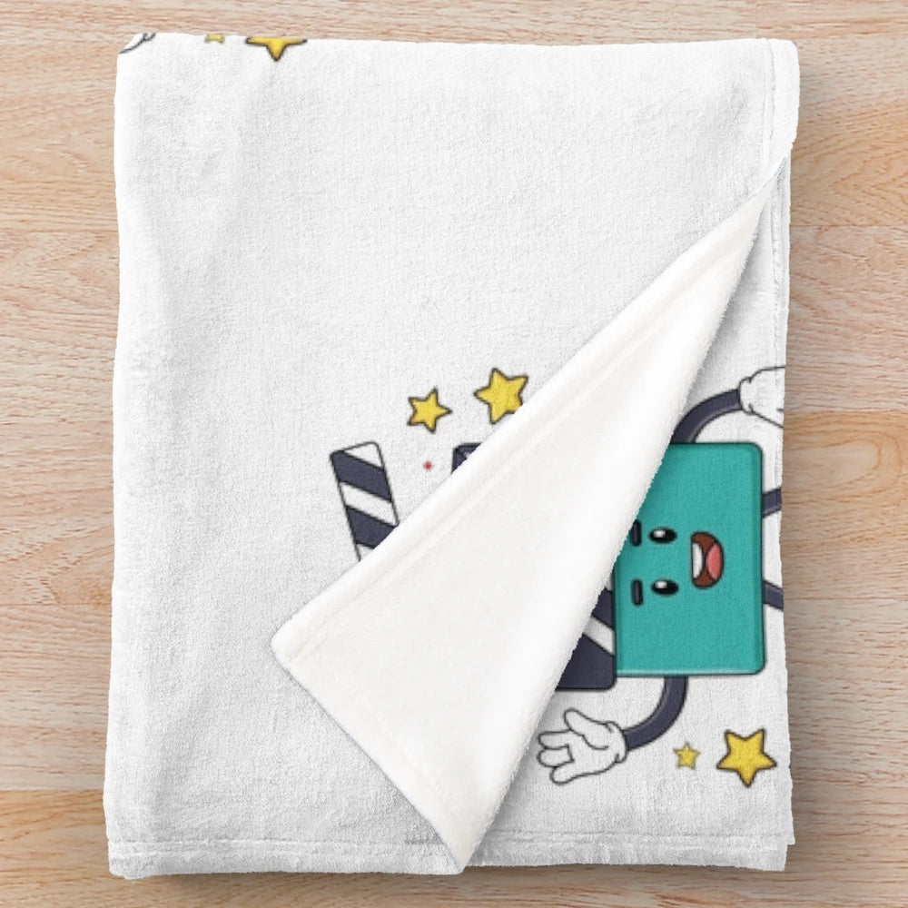 Minimalist movie-themed plush blanket featuring a clapper board mascot