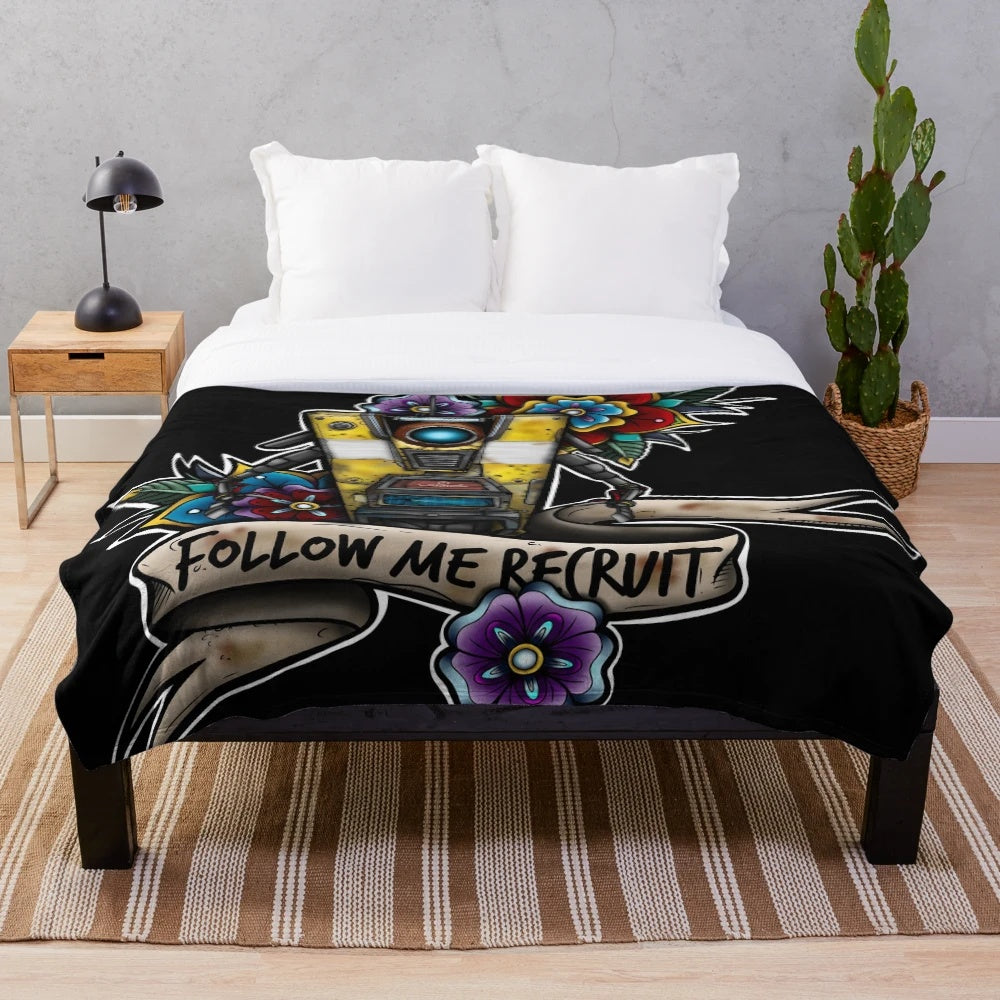 Claptrap-themed plush blanket with flowers
