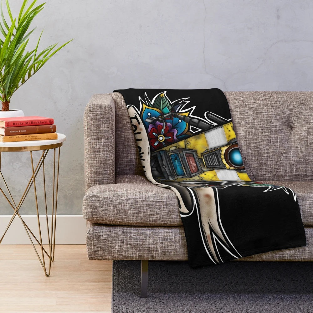 Claptrap-themed plush blanket with flowers