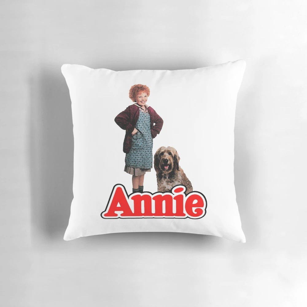 Vintage-style pillow depicting the classic 80s musical Annie and her dog Sandy
