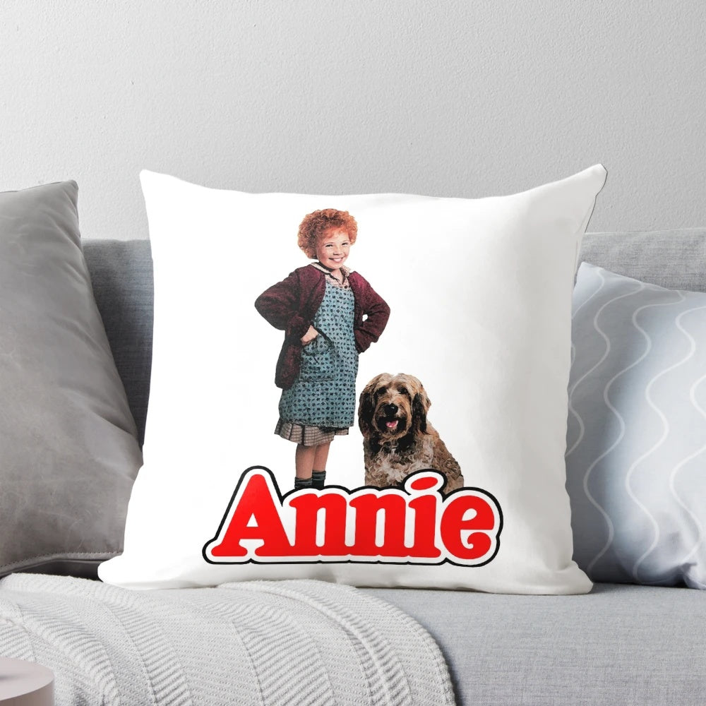 Vintage-style pillow depicting the classic 80s musical Annie and her dog Sandy