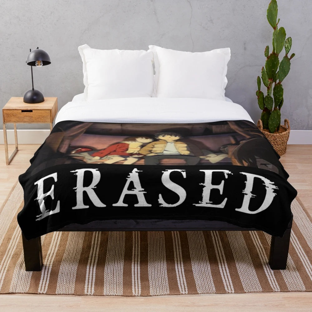 Erased anime-inspired plush blanket with classic graphic design