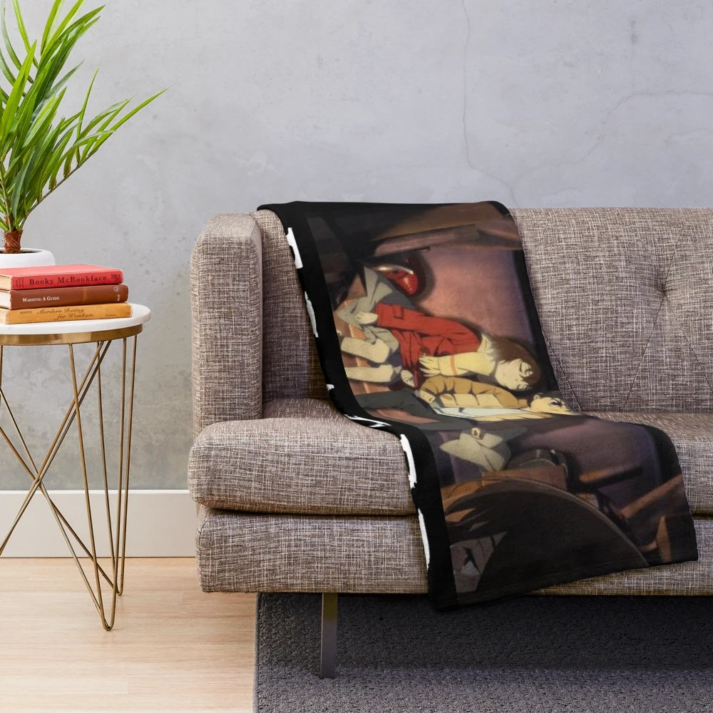 Erased anime-inspired plush blanket with classic graphic design