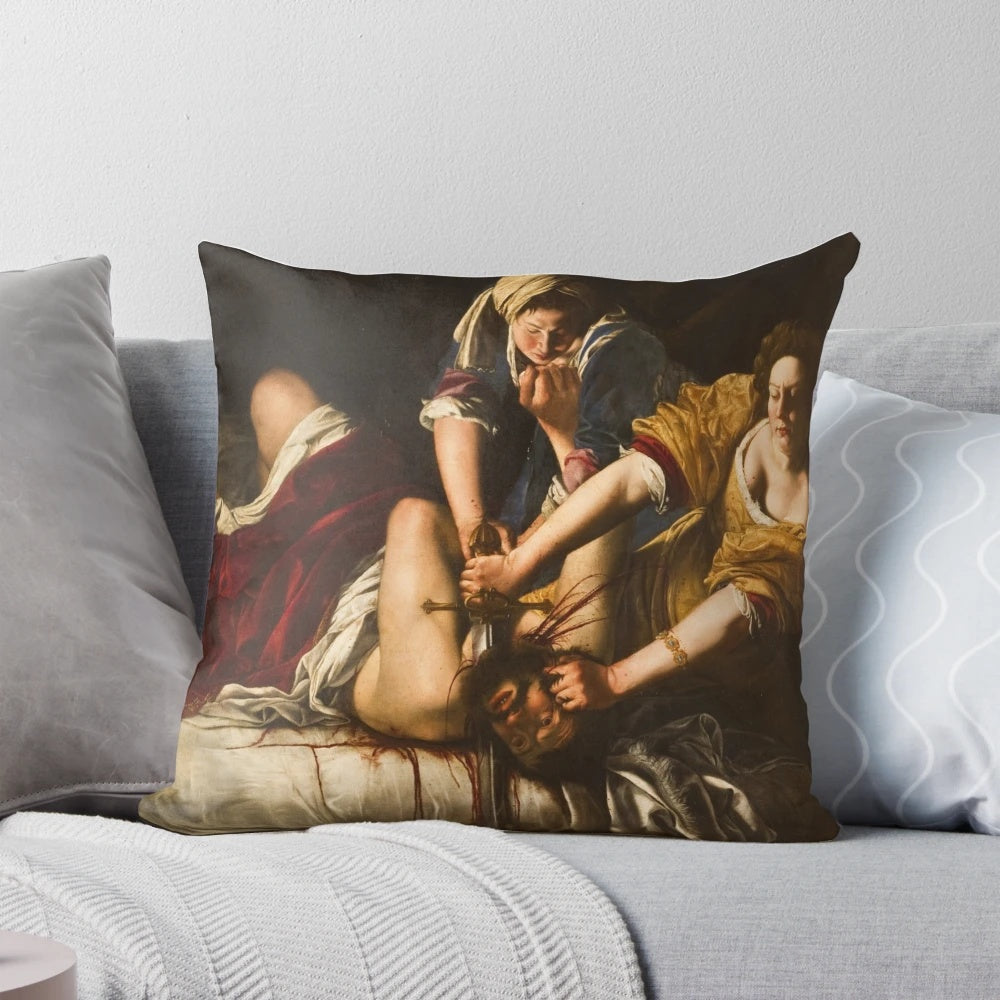 Artemisia Gentileschi's Judith Slaying Holofernes, a classic art masterpiece, featured on a high-quality pillow for your home decor.
