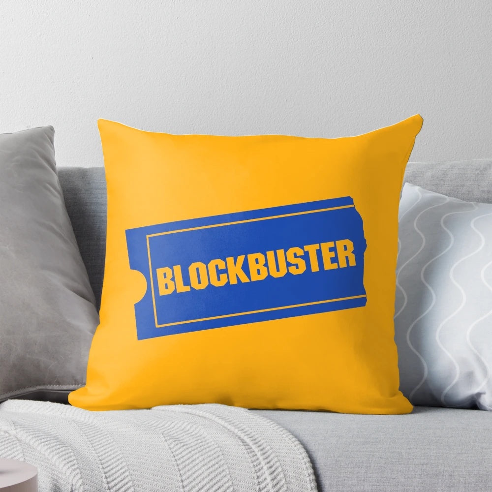 Retro Blockbuster logo printed on a soft, plush pillow