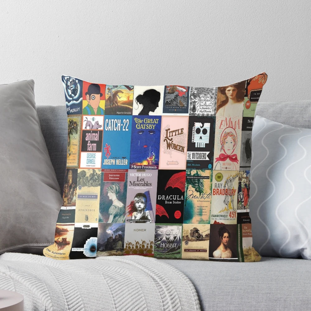 A cozy pillow featuring classic literature book covers, perfect for book lovers and avid readers.