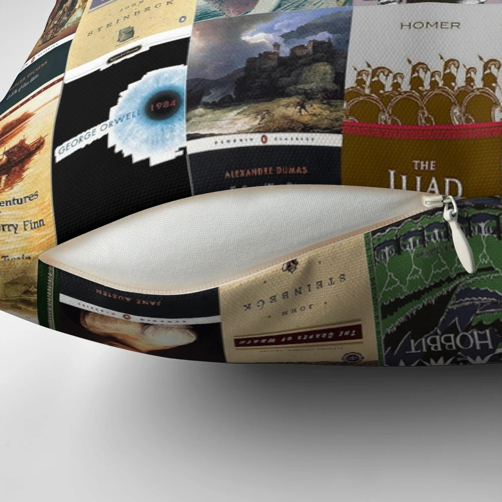 A cozy pillow featuring classic literature book covers, perfect for book lovers and avid readers.
