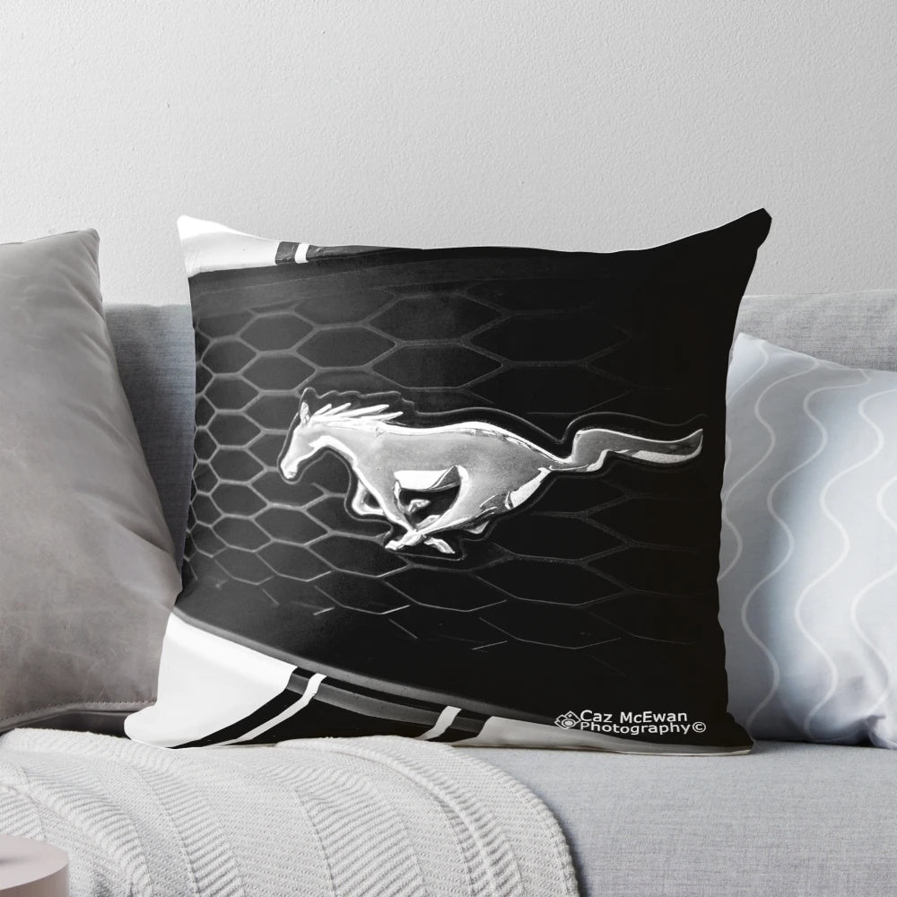 A stylish throw pillow featuring the iconic Ford Mustang design