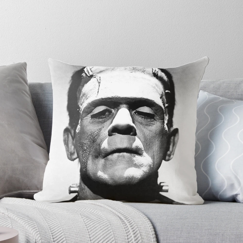 A classic Frankenstein-themed pillow with the iconic monster and scientific laboratory elements.