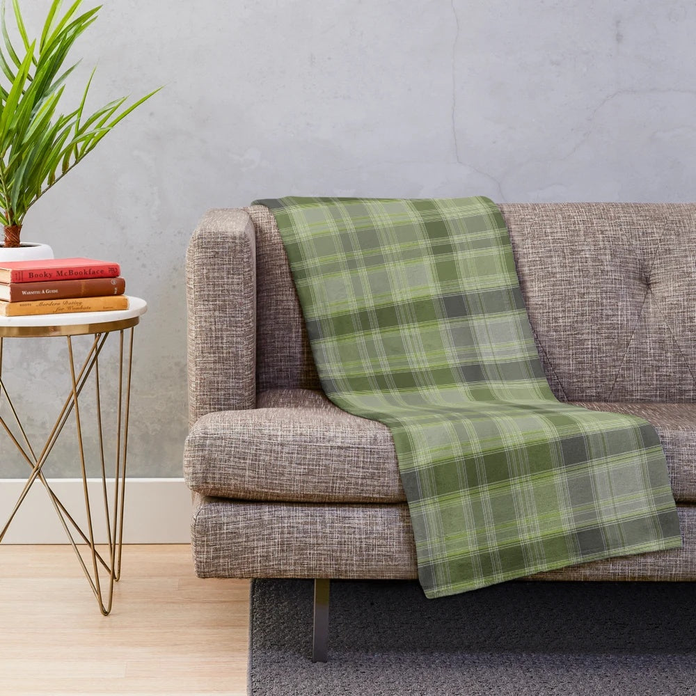 Gray and green tartan plush blanket