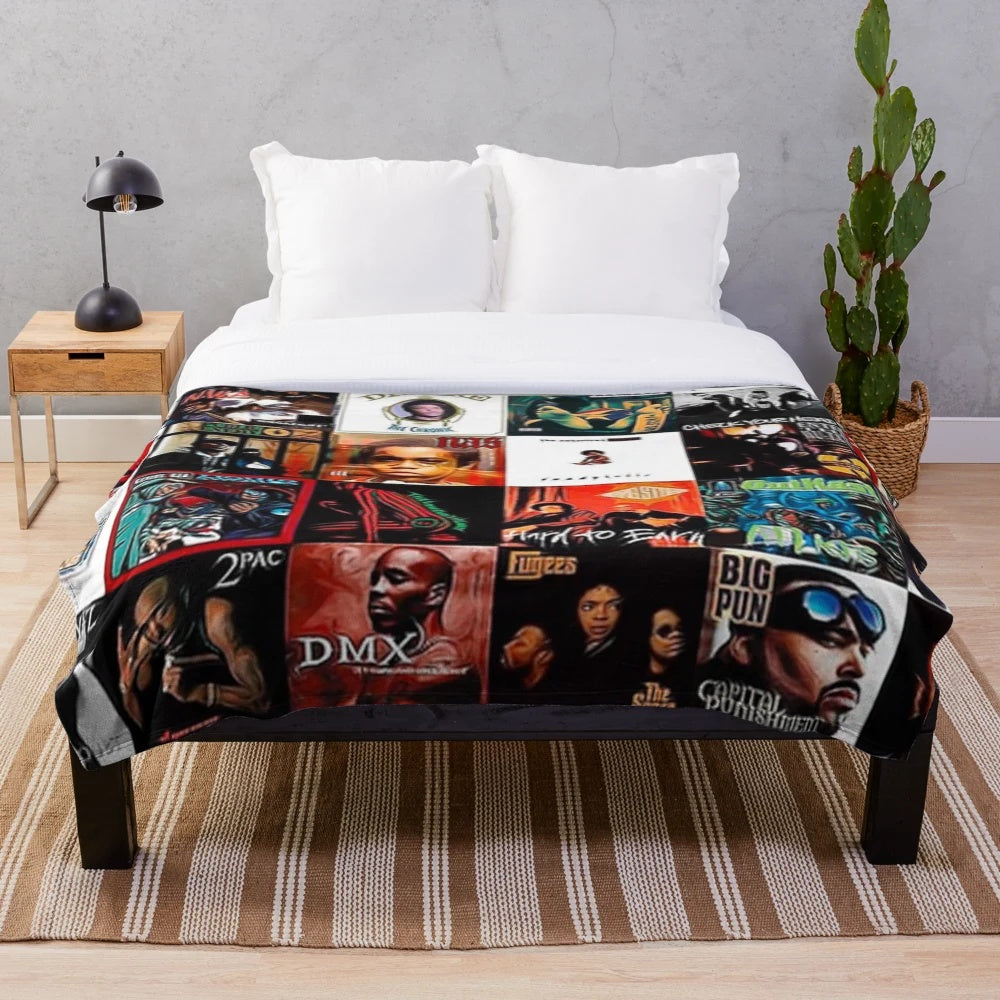 Classic hip hop themed plush blanket with retro aesthetic collage design