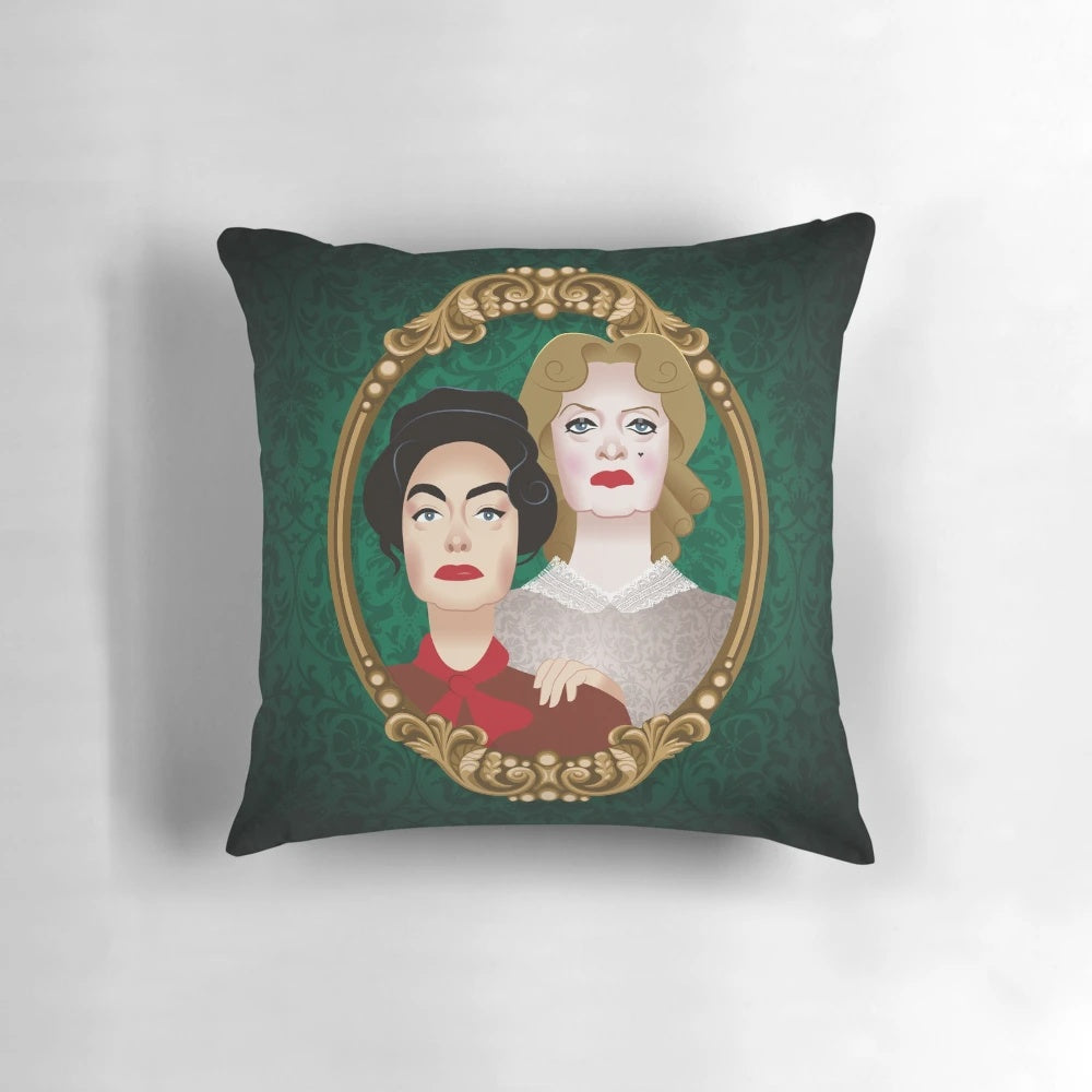 A plush pillow featuring iconic movie stars Bette Davis and Joan Crawford from the classic film "Whatever Happened to Baby Jane?"