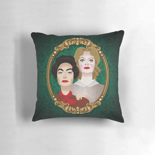 A plush pillow featuring iconic movie stars Bette Davis and Joan Crawford from the classic film "Whatever Happened to Baby Jane?"