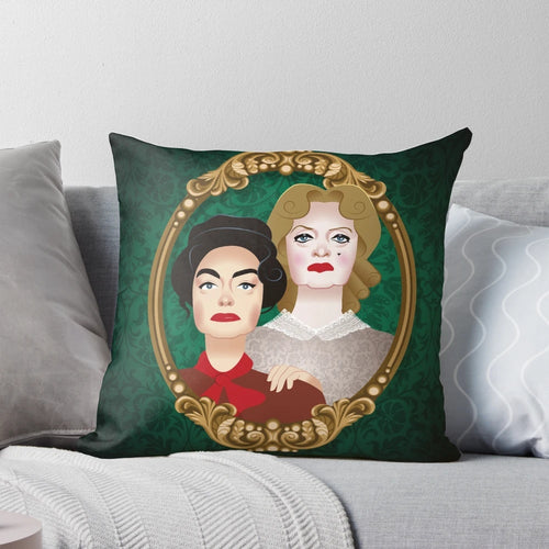 A plush pillow featuring iconic movie stars Bette Davis and Joan Crawford from the classic film "Whatever Happened to Baby Jane?"
