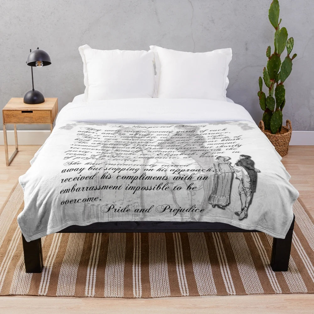 Jane Austen inspired plush blanket featuring a pride and prejudice quote