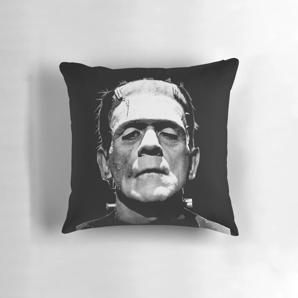 A plush pillow featuring a classic monster design inspired by vintage horror movies.