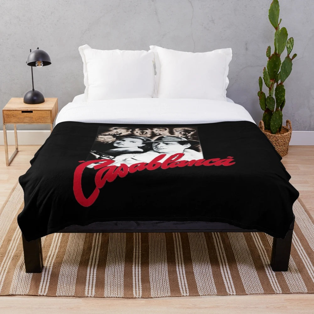 Plush blanket with classic movie Casablanca imagery and Humphrey Bogart design