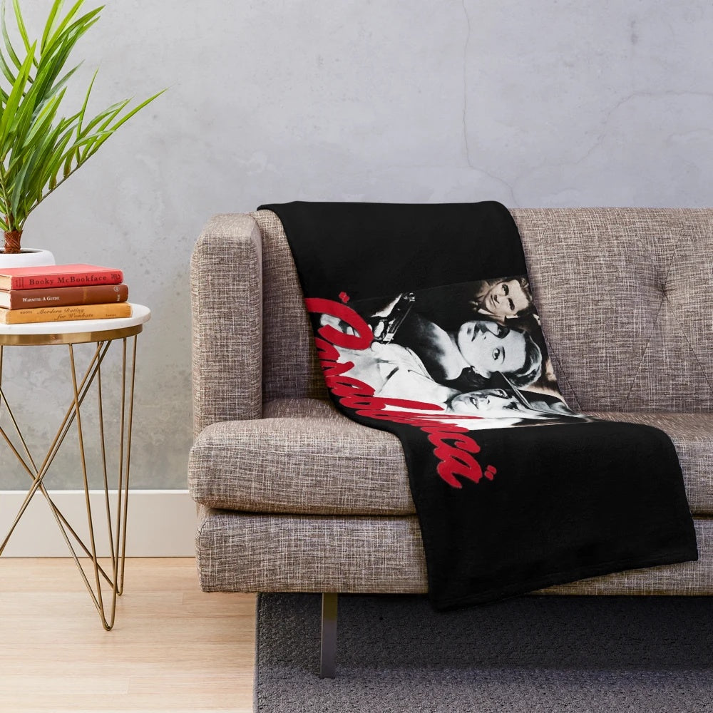 Plush blanket with classic movie Casablanca imagery and Humphrey Bogart design