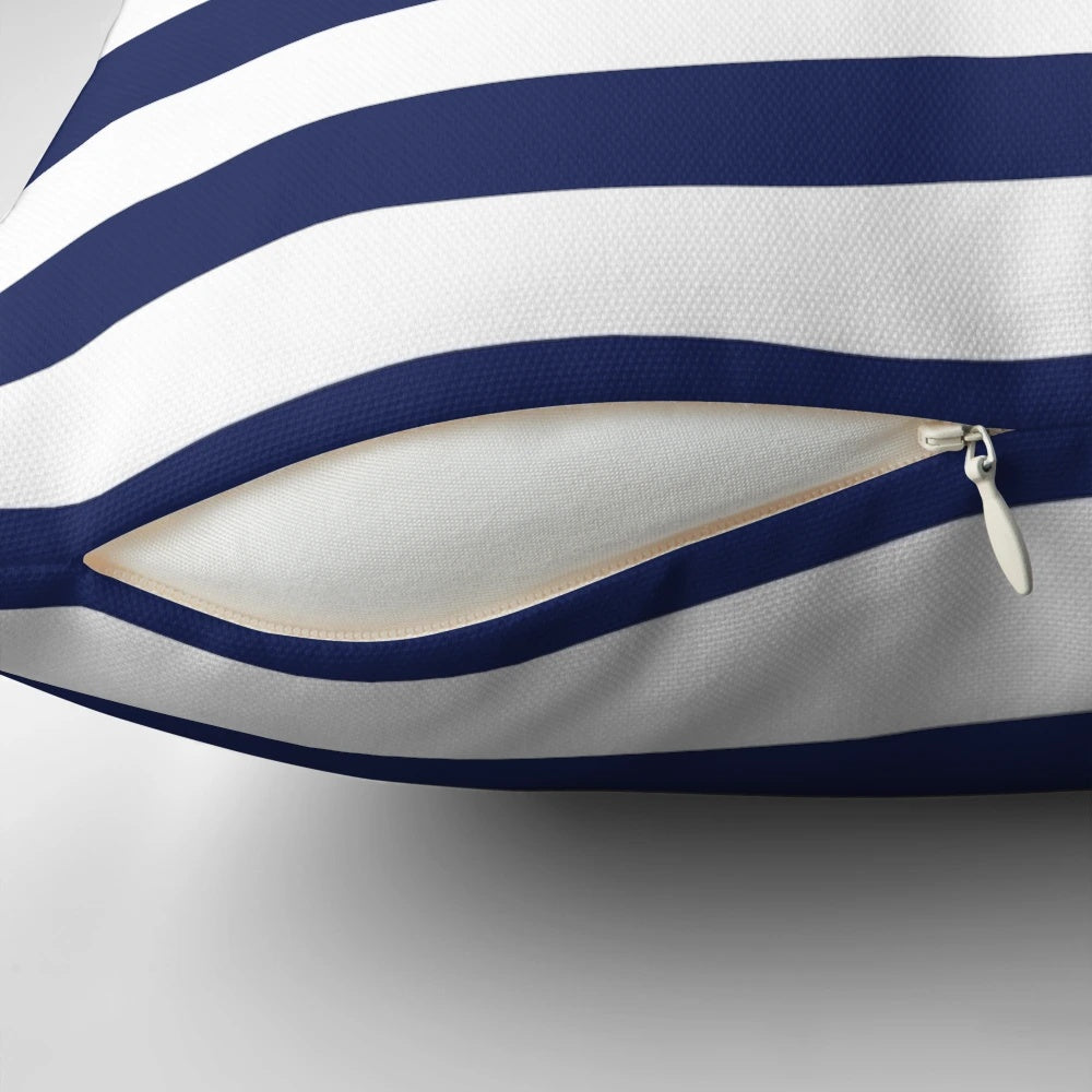Navy blue and white striped decorative pillow