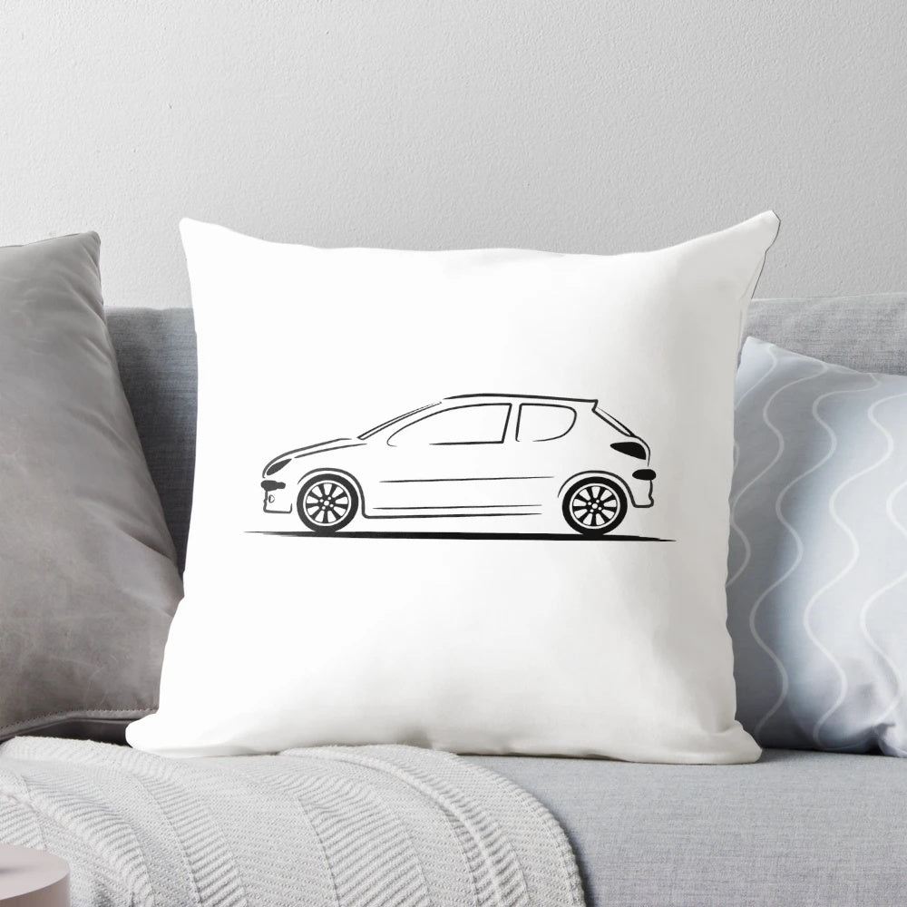Peugeot 206 classic car blueprint silhouette printed on a black throw pillow