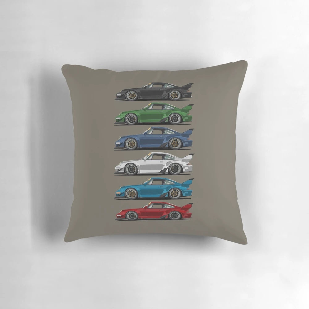 A Porsche 911-inspired throw pillow featuring the iconic Rauh Welt design, perfect for classic car and automotive photography enthusiasts.