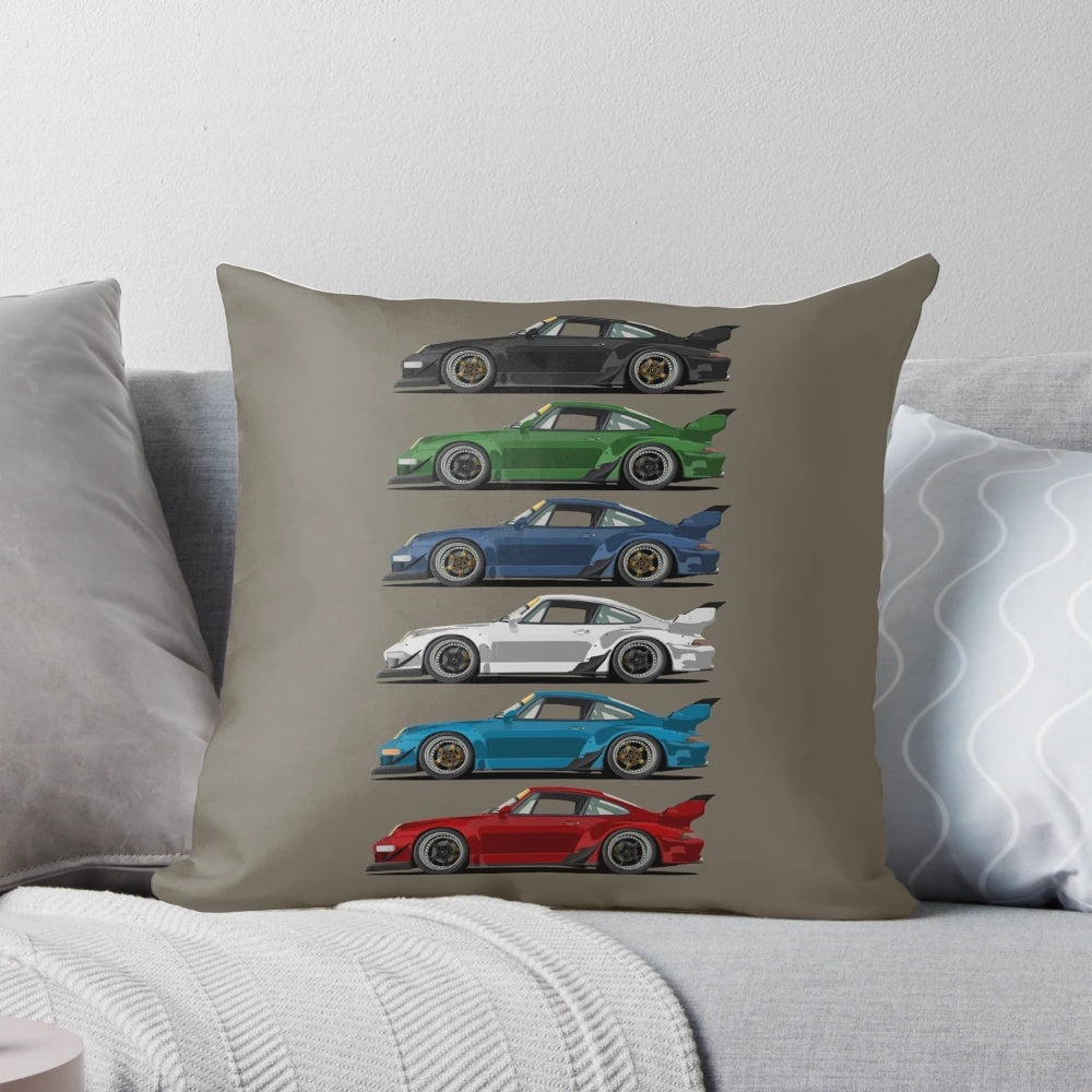 A Porsche 911-inspired throw pillow featuring the iconic Rauh Welt design, perfect for classic car and automotive photography enthusiasts.